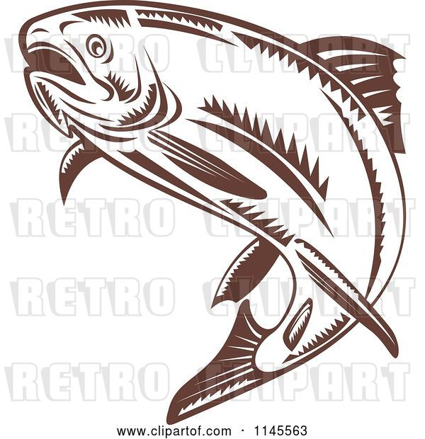 Vector Clip Art of Retro Leaping Brown Woodcut Trout