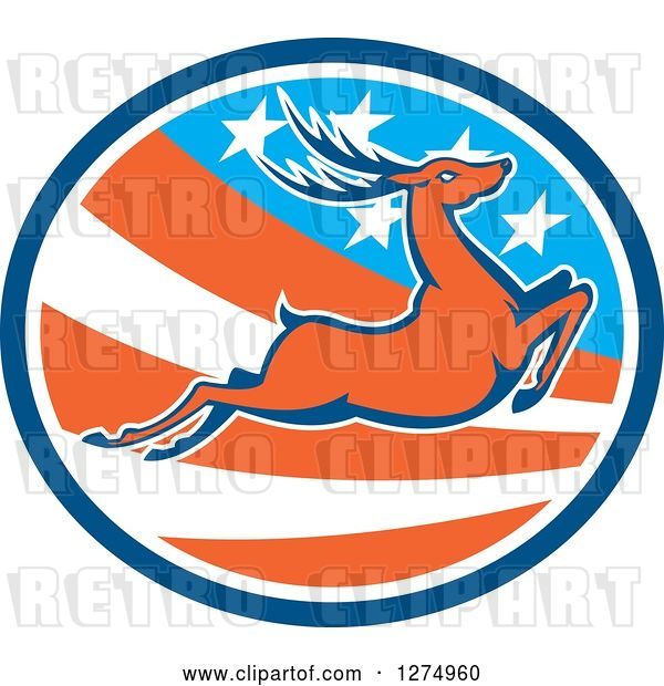 Vector Clip Art of Retro Leaping Deer in a Blue White and American Flag Oval