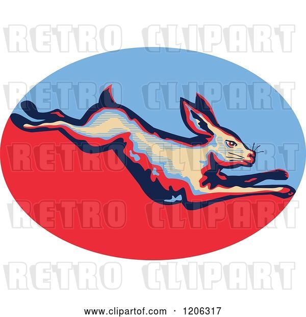Vector Clip Art of Retro Leaping Rabbit over a Blue and Red Oval