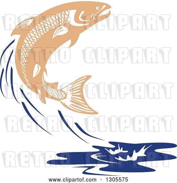 Vector Clip Art of Retro Leaping Salmon Fish and Blue Water Splash