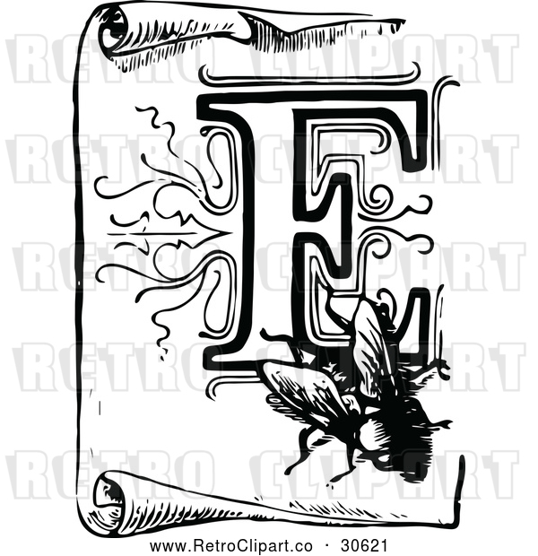 Vector Clip Art of Retro Letter F and Fly on a Scroll