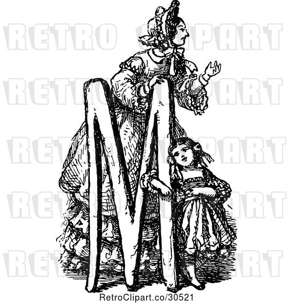 Vector Clip Art of Retro Letter M with a Mother and Daughter