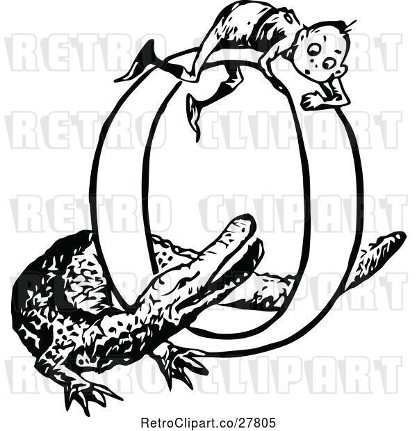 Vector Clip Art of Retro Letter O with a Boy and Crocodile