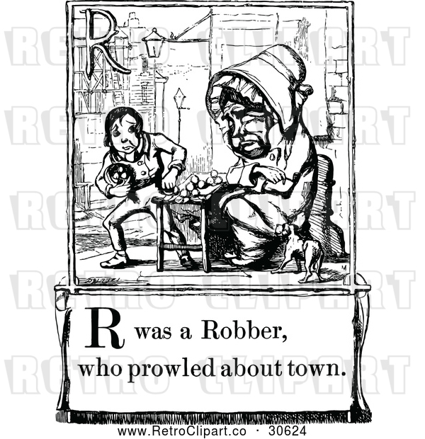Vector Clip Art of Retro Letter Page with R Was a Robber Who Prowled About Town Text