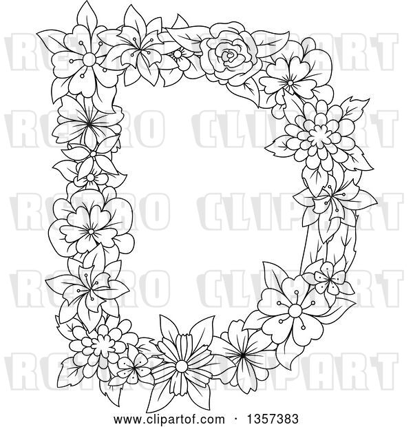 Vector Clip Art of Retro Lineart Capital Floral Letter D Design