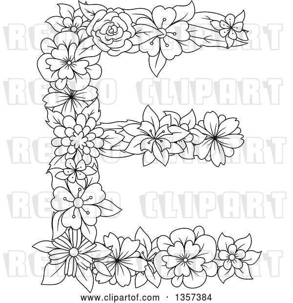 Vector Clip Art of Retro Lineart Floral Capital Letter E Design
