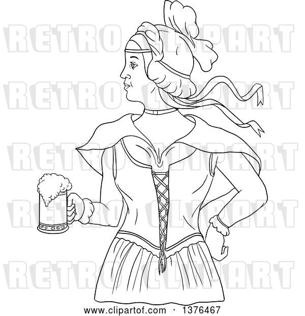Vector Clip Art of Retro Lineart Styled Victorian Beer Maiden Holding a Mug