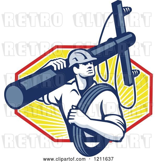 Vector Clip Art of Retro Lineman Worker Carrying a Pole and Cable over Rays