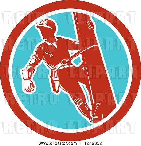 Vector Clip Art of Retro Lineman Worker in a Blue and Red Circle