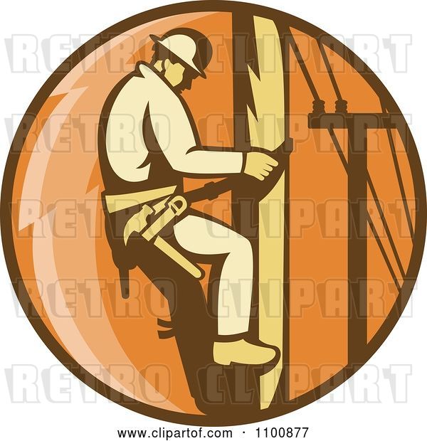 Vector Clip Art of Retro Linesman Scaling a Pole in an Orange Circle