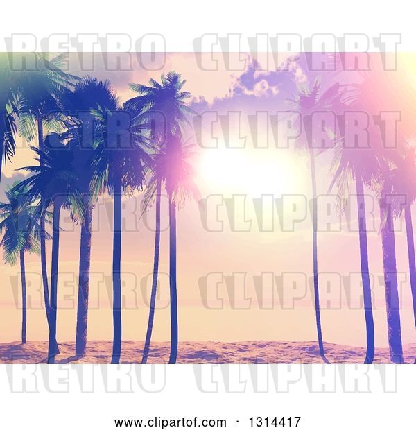 Vector Clip Art of Retro Lit Tropical Beach Sunset with Palm Trees, Painted Style