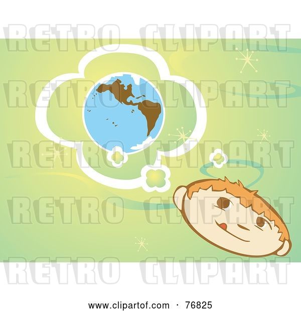Vector Clip Art of Retro Little Boy Pondering About the Earth, on a Green Background
