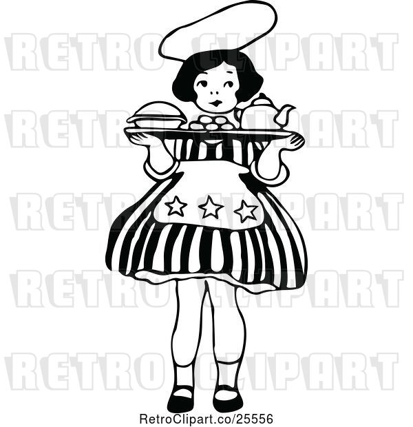 Vector Clip Art of Retro Little Girl Carrying a Tray