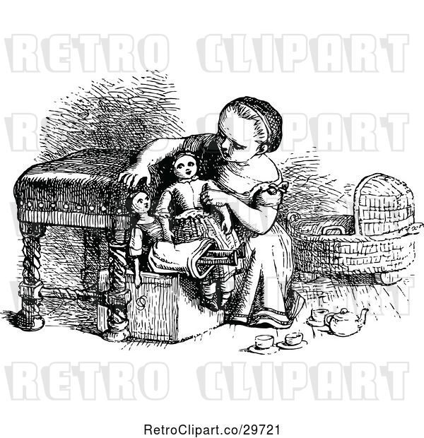 Vector Clip Art of Retro Little Girl Playing with Her Dolls