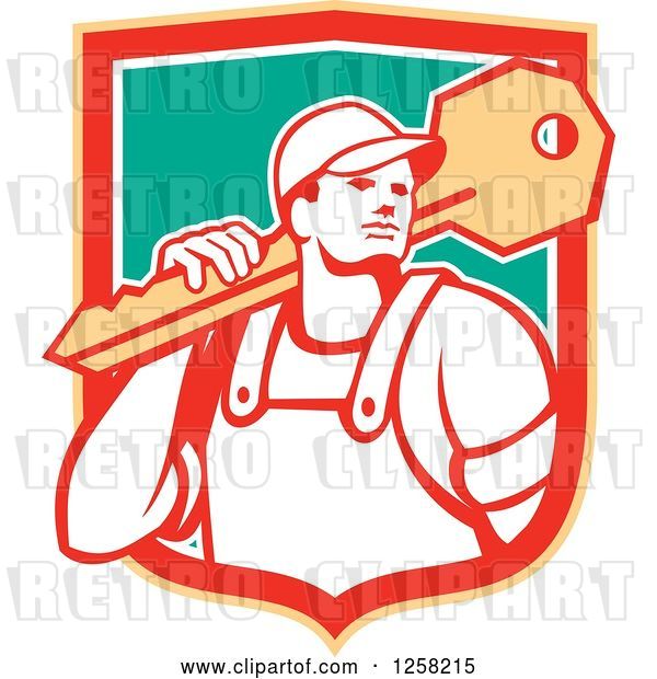 Vector Clip Art of Retro Locksmith Guy Carrying a Giant Key in a Yellow Red White and Green Shield