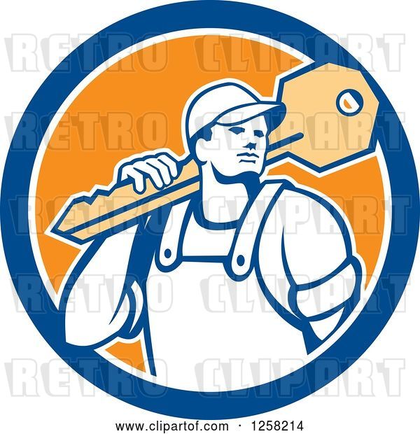 Vector Clip Art of Retro Locksmith Guy Carrying a Giant Key on a Blue White and Orange Circle