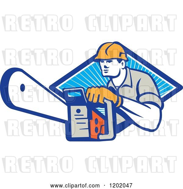 Vector Clip Art of Retro Logger Using a Chain Saw Emerging from a Diamond of Blue Rays