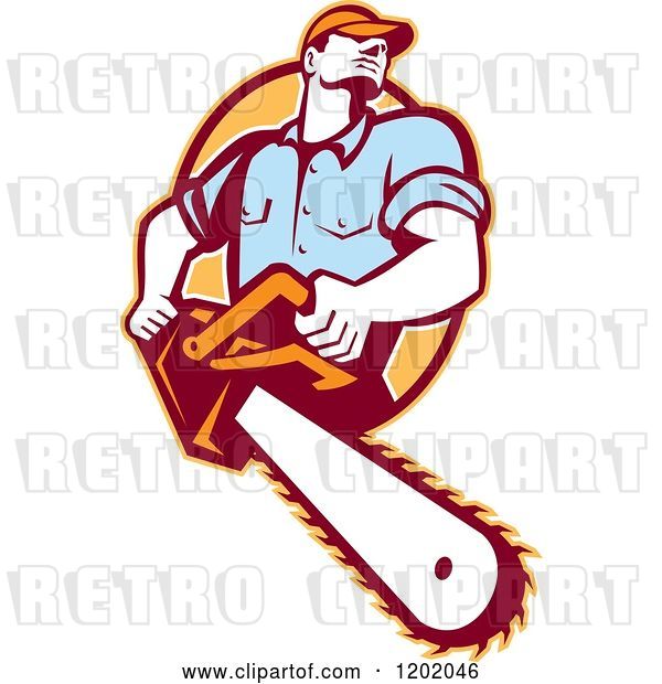 Vector Clip Art of Retro Logger Using a Chain Saw, Emerging from an Orange Oval