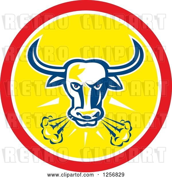 Vector Clip Art of Retro Longhorn Steer Bull Snorting in a Red and Yellow Circle