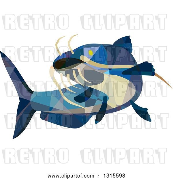 Vector Clip Art of Retro Low Poly Geometric Blue Catfish Swimming