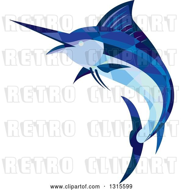 Vector Clip Art of Retro Low Poly Geometric Blue Marlin Fish Jumping and Facing Left
