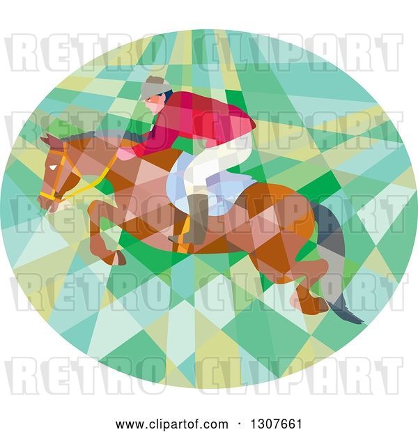 Vector Clip Art of Retro Low Poly Geometric Equestrian Show Jumping a Horse in an Oval