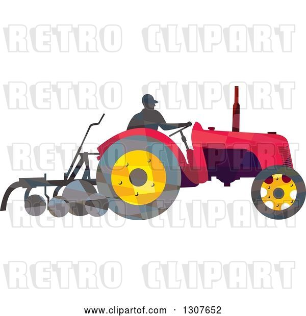 Vector Clip Art of Retro Low Poly Geometric Farmer Operating a Plow Tractor