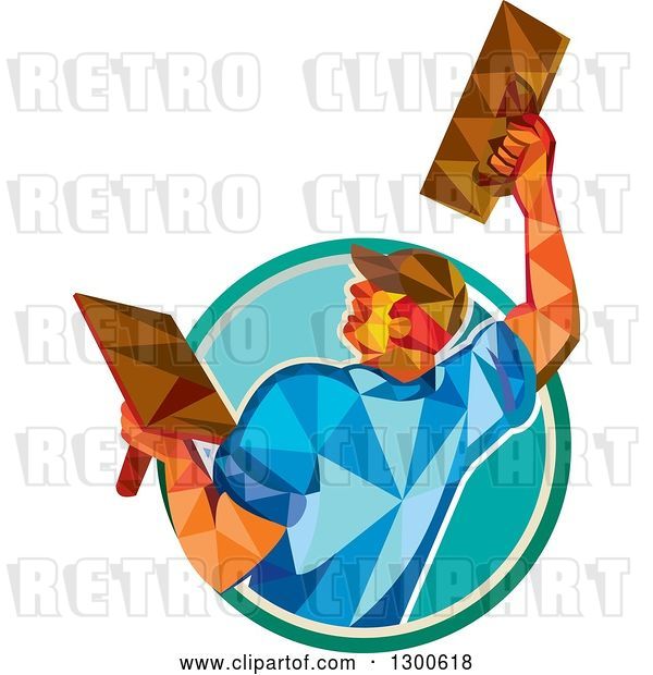 Vector Clip Art of Retro Low Poly Geometric Male Plasterer Working with Trowels and Emerging from a Circle