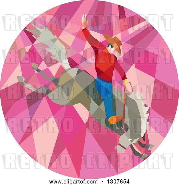 Vector Clip Art of Retro Low Poly Geometric Male Rodeo Cowboy on a Bucking Horse in a Pink Circle