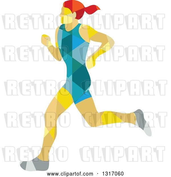 Vector Clip Art of Retro Low Poly Geometric Red Haired White Female Marathon Runner
