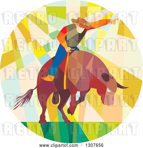 Vector Clip Art of Retro Low Poly Geometric Rodeo Cowboy Riding a Bull in a Circle