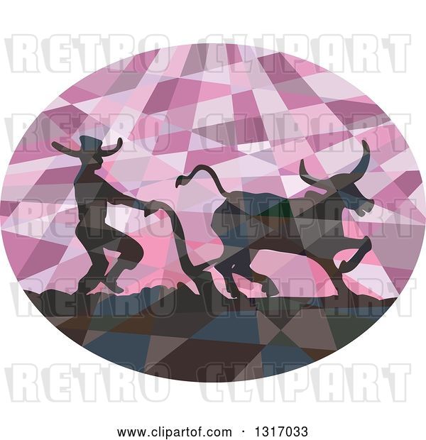 Vector Clip Art of Retro Low Poly Geometric Silhouetted Southeast Asian Farmer and Water Buffalo Plowing a Field in a Purple Oval