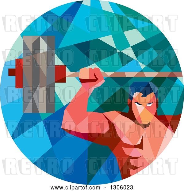 Vector Clip Art of Retro Low Poly Geometric White Bodybuilder Lifting a Barbell over His Head in a Circle