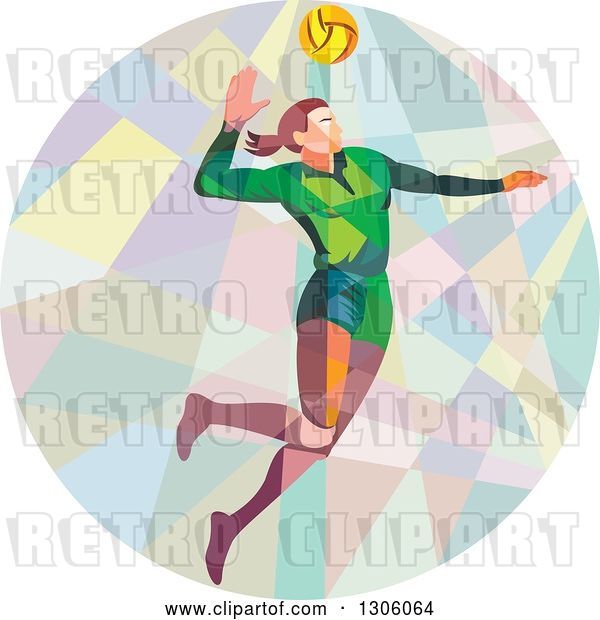 Vector Clip Art of Retro Low Poly Geometric White Female Volleyball Player Spiking in a Circle