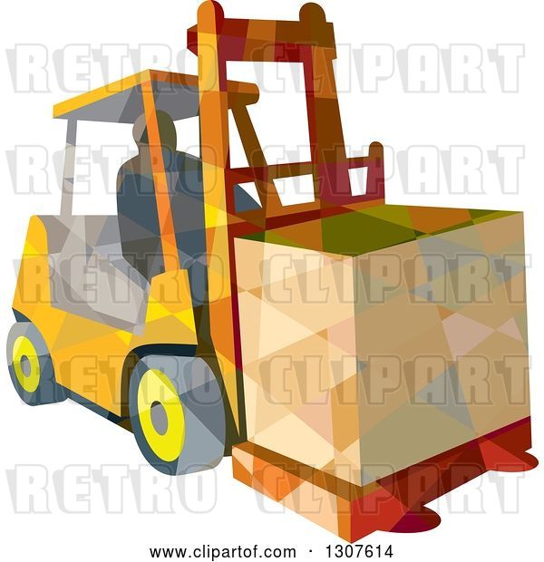 Vector Clip Art of Retro Low Poly Geometric Worker Operating a Forklift and Moving a Crate