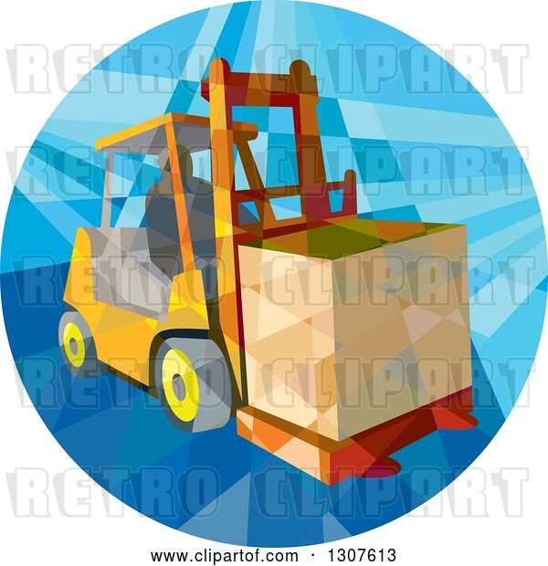 Vector Clip Art of Retro Low Poly Geometric Worker Operating a Forklift and Moving a Crate in a Circle