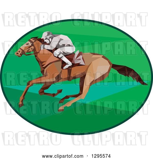 Vector Clip Art of Retro Low Poly Horse Racing Jockey in a Green Oval