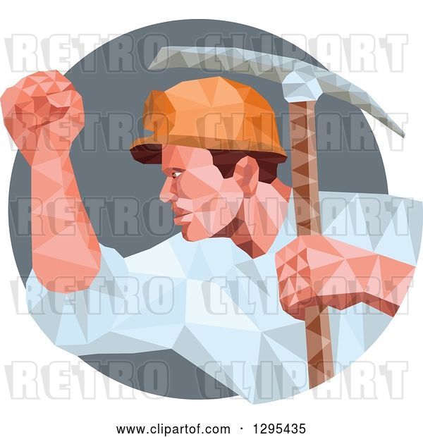 Vector Clip Art of Retro Low Poly Male Coal Miner with a Pickaxe and Fist in a Gray Circle
