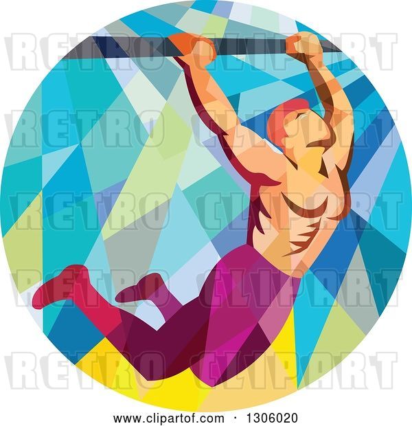 Vector Clip Art of Retro Low Poly Male Crossfit Athlete Doing Pull Ups on a Bar in a Circle