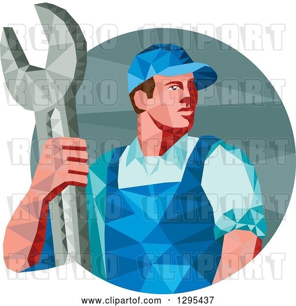 Vector Clip Art of Retro Low Poly Male Mechanic Holding a Spanner Wrench in a Circle