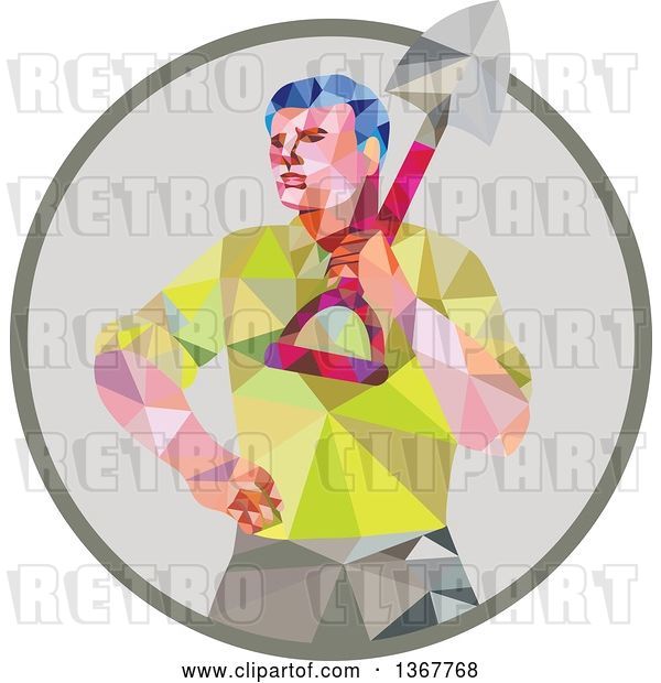 Vector Clip Art of Retro Low Poly Styled Male Gardener Holding a Shovel in a Circle