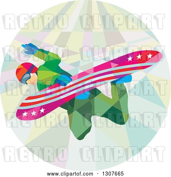 Vector Clip Art of Retro Low Poly White Guy Snowboarding in a Circle
