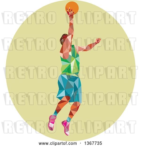 Vector Clip Art of Retro Low Poly White Male Basketball Player Doing a Layup in a Green Oval