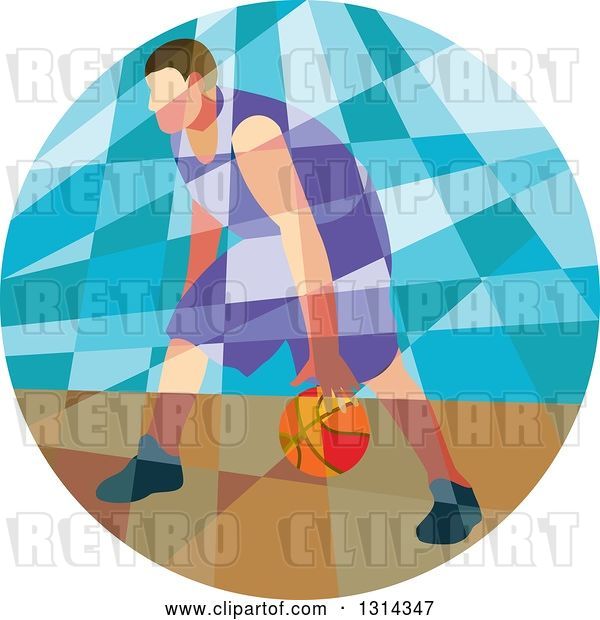 Vector Clip Art of Retro Low Poly White Male Basketball Player Dribbling in a Circle