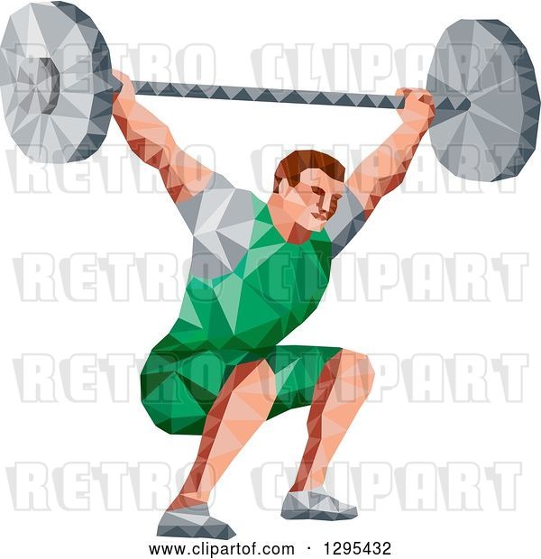 Vector Clip Art of Retro Low Poly White Male Bodybuilder Squatting with a Barbell