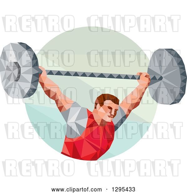 Vector Clip Art of Retro Low Poly White Male Bodybuilder Squatting with a Barbell in a Circle