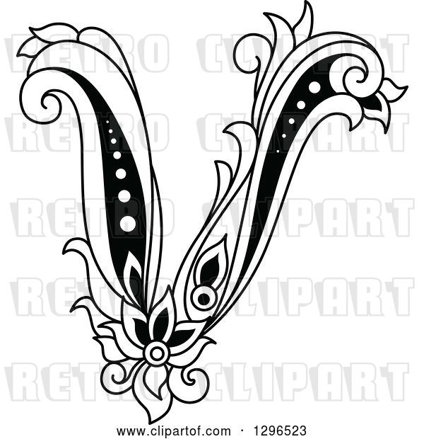 Vector Clip Art of Retro Lowercase Floral Letter V