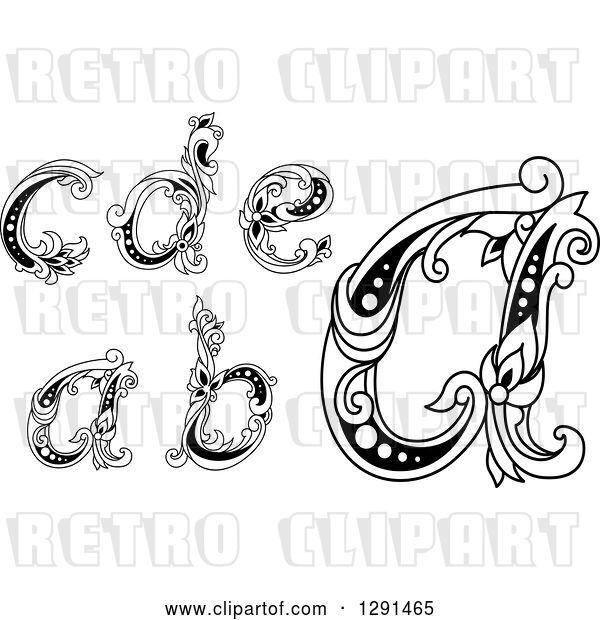 Vector Clip Art of Retro Lowercase Floral Letters A, B, C, D and E
