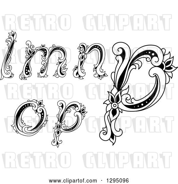 Vector Clip Art of Retro Lowercase Floral Letters L, M, N, O and P