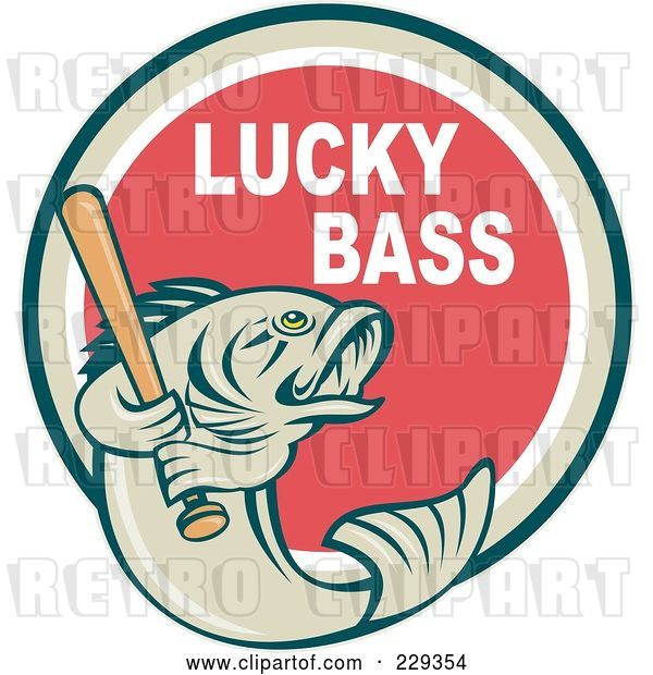 Vector Clip Art of Retro Lucky Bass Text Around a Fish Holding a Baseball Bat